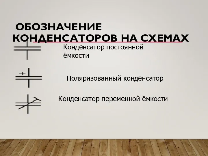 ОБОЗНАЧЕНИЕ КОНДЕНСАТОРОВ НА СХЕМАХ Конденсатор постоянной ёмкости Поляризованный конденсатор Конденсатор переменной ёмкости