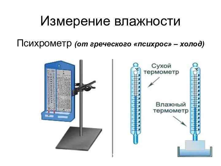 Измерение влажности Психрометр (от греческого «психрос» – холод) tсух = 230С tвлаж = 180С