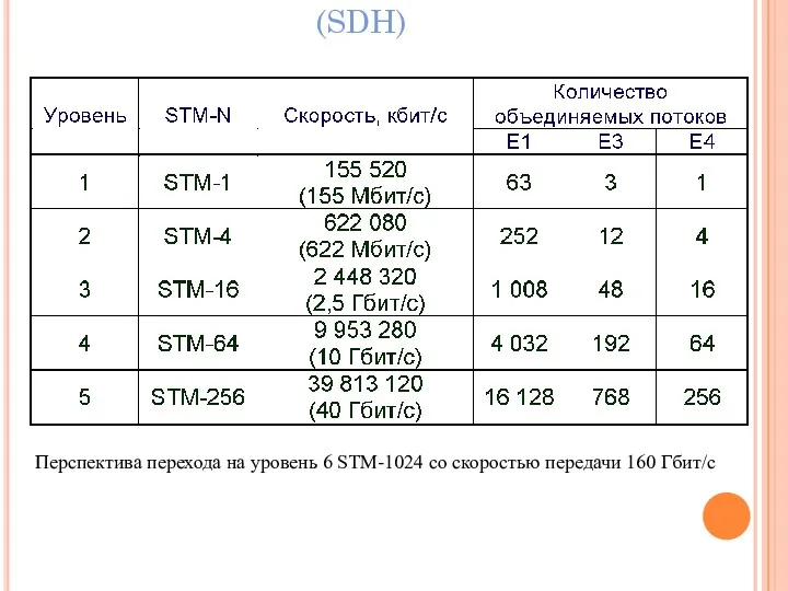 СИНХРОННАЯ ЦИФРОВАЯ ИЕРАРХИЯ (SDH) Перспектива перехода на уровень 6 STM-1024 со скоростью передачи 160 Гбит/с