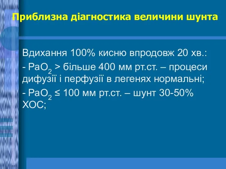 Приблизна діагностика величини шунта Вдихання 100% кисню впродовж 20 хв.: