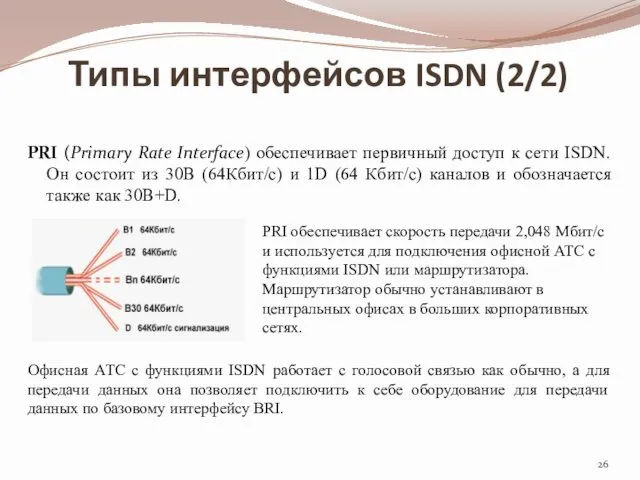 Типы интерфейсов ISDN (2/2) PRI (Primary Rate Interface) обеспечивает первичный