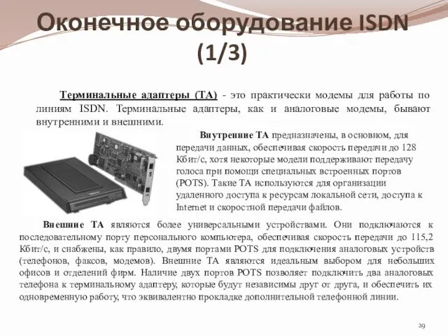 Оконечное оборудование ISDN (1/3) Терминальные адаптеры (ТА) - это практически