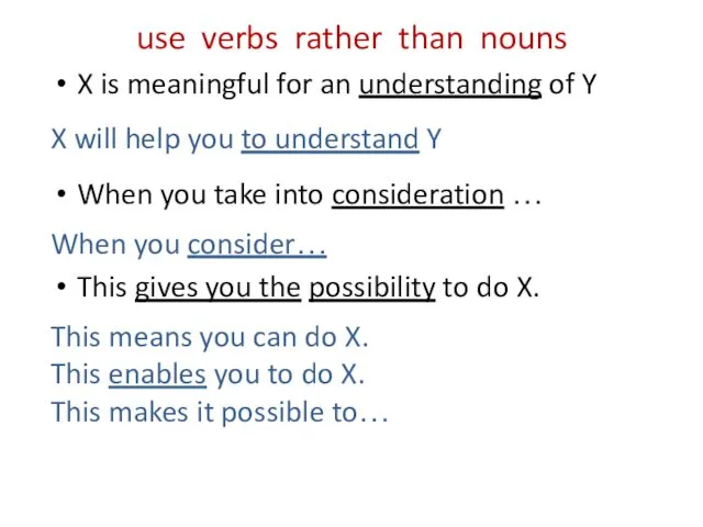 use verbs rather than nouns X is meaningful for an