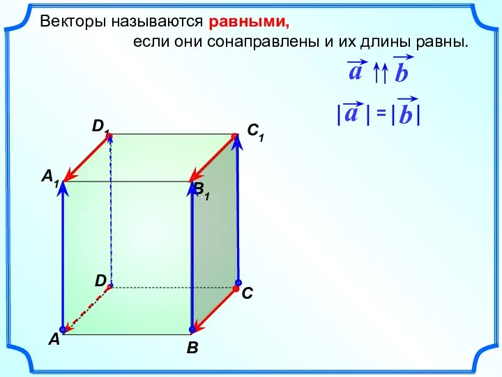 Векторы называются равными, если они сонаправлены и их длины равны.