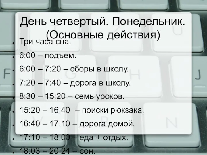 День четвертый. Понедельник. (Основные действия) Три часа сна. 6:00 –