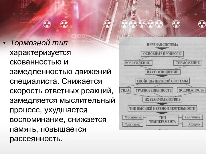 Тормозной тип характеризуется скованностью и замедленностью движений специалиста. Снижается скорость