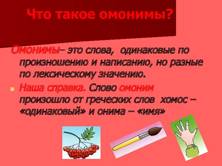 Что такое омонимы? Омонимы– это слова, одинаковые по произношению и