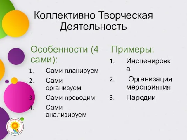 Коллективно Творческая Деятельность Особенности (4 сами): Сами планируем Сами организуем