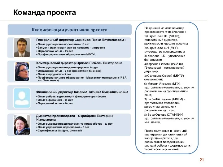 Команда проекта Квалификация участников проекта На данный момент команда проекта