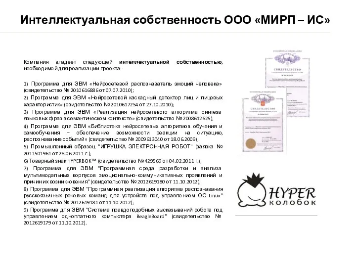 Интеллектуальная собственность ООО «МИРП – ИС» Компания владеет следующей интеллектуальной