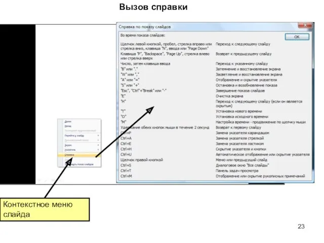 Вызов справки Контекстное меню слайда