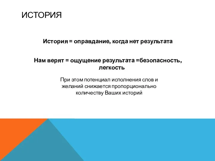 ИСТОРИЯ История = оправдание, когда нет результата Нам верят = ощущение результата =безопасность,