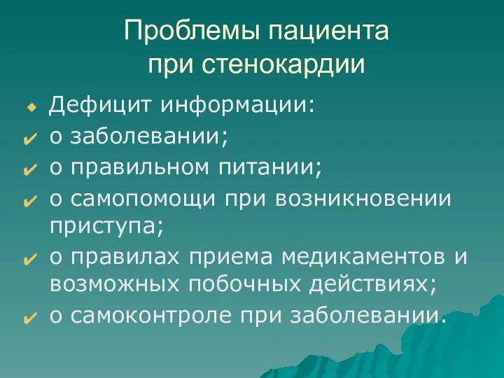 Проблемы пациента при стенокардии Дефицит информации: о заболевании; о правильном