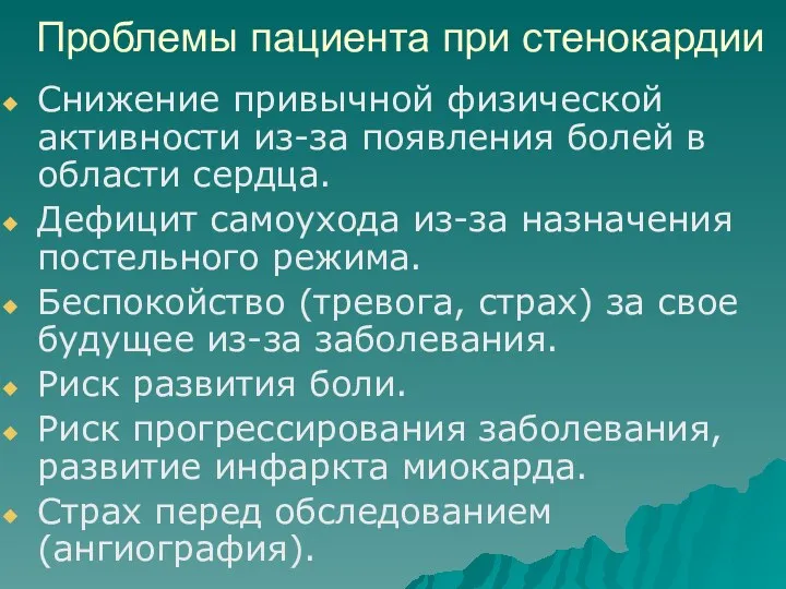 Проблемы пациента при стенокардии Снижение привычной физической активности из-за появления