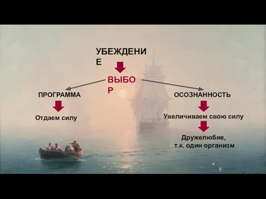 УБЕЖДЕНИЕ ВЫБОР ПРОГРАММА ОСОЗНАННОСТЬ Отдаем силу Увеличиваем свою силу Дружелюбие, т.к. один организм