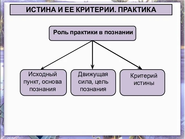 ИСТИНА И ЕЕ КРИТЕРИИ. ПРАКТИКА Роль практики в познании Исходный