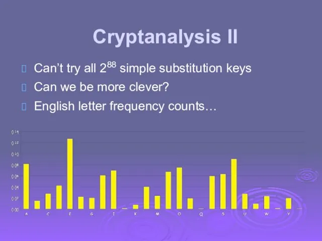 Cryptanalysis II Can’t try all 288 simple substitution keys Can