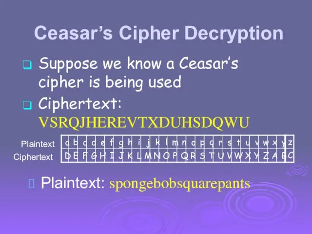 Ceasar’s Cipher Decryption Plaintext: spongebobsquarepants Plaintext Ciphertext Suppose we know