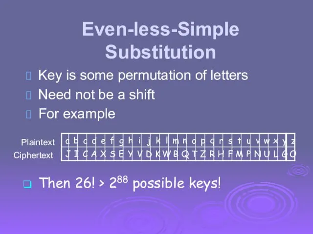 Even-less-Simple Substitution Key is some permutation of letters Need not