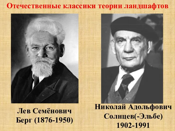 Отечественные классики теории ландшафтов Лев Семёнович Берг (1876-1950) Николай Адольфович Солнцев(-Эльбе) 1902-1991