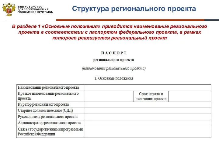 В разделе 1 «Основные положения» приводится наименование регионального проекта в