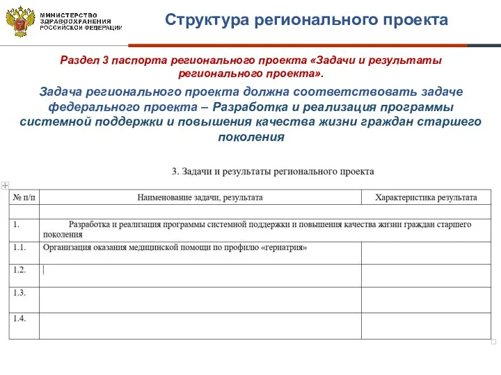 Раздел 3 паспорта регионального проекта «Задачи и результаты регионального проекта».