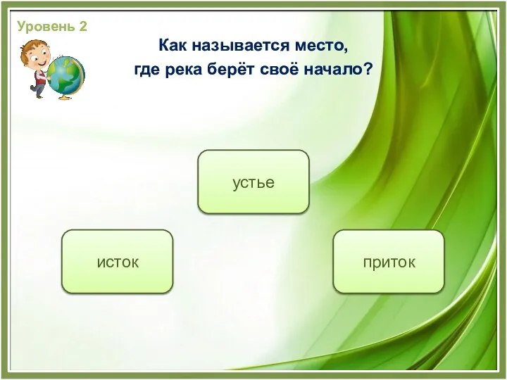 исток устье Уровень 2 Как называется место, где река берёт своё начало? приток