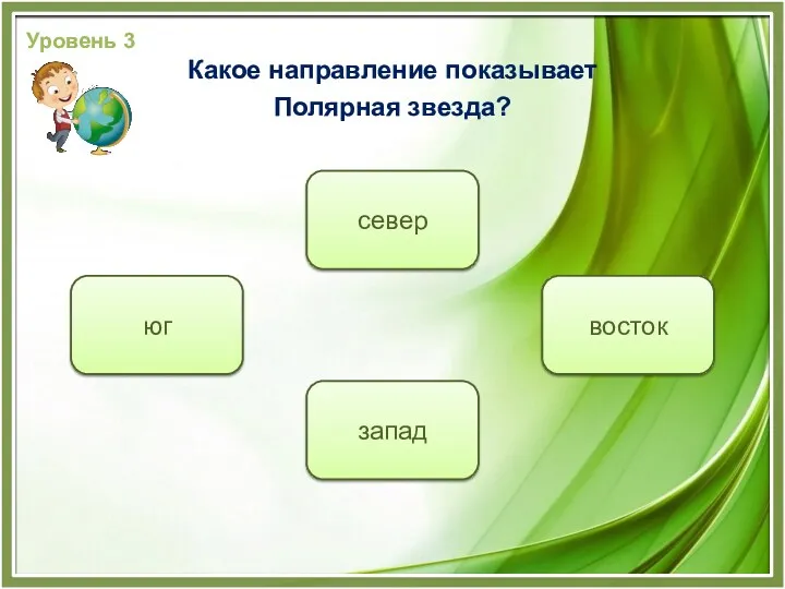 север восток юг Уровень 3 Какое направление показывает Полярная звезда? запад