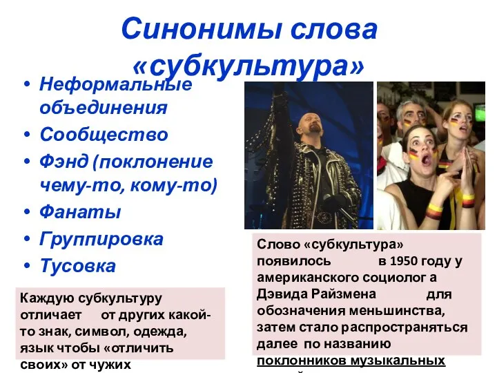 Синонимы слова «субкультура» Неформальные объединения Сообщество Фэнд (поклонение чему-то, кому-то)