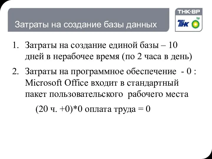 Затраты на создание базы данных Затраты на создание единой базы – 10 дней