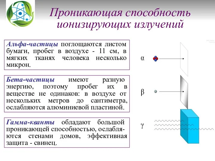 Проникающая способность ионизирующих излучений Альфа-частицы поглощаются листом бумаги, пробег в