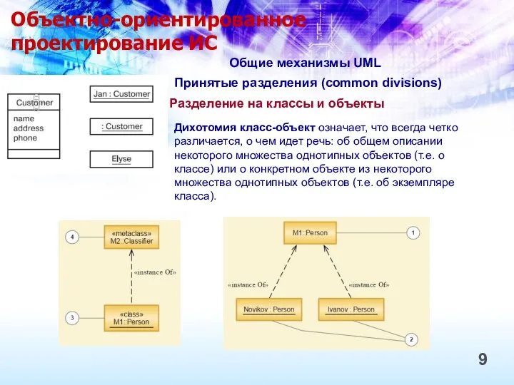 Объектно-ориентированное проектирование ИС 9 Общие механизмы UML Принятые разделения (common