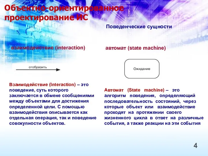 Объектно-ориентированное проектирование ИС 4 Поведенческие сущности взаимодействие (interaction) автомат (state