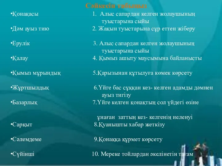 ( Сәйкесін табыңыз Қонақасы 1. Алыс сапардан келген жолаушының туыстарына