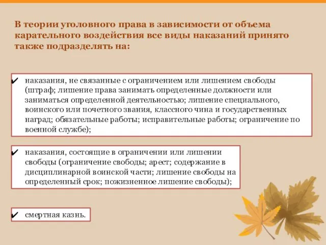 В теории уголовного права в зависимости от объема карательного воздействия