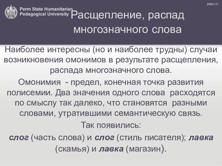 Расщепление, распад многозначного слова Наиболее интересны (но и наиболее трудны)