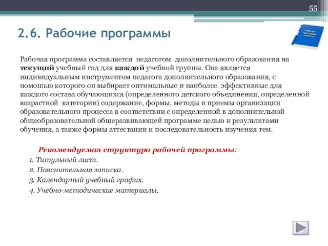 2.6. Рабочие программы Рекомендуемая структура рабочей программы: 1. Титульный лист.