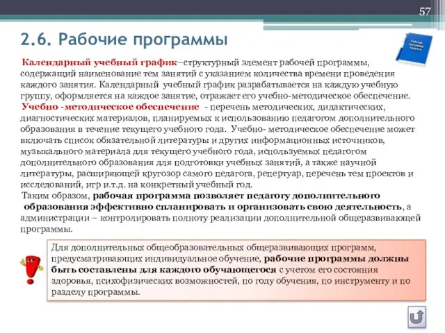 2.6. Рабочие программы Календарный учебный график–структурный элемент рабочей программы, содержащий