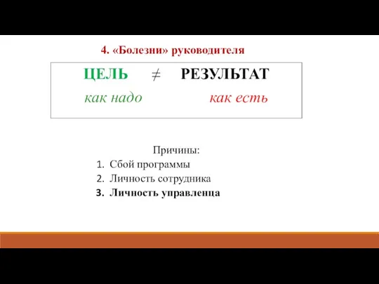 4. «Болезни» руководителя ЦЕЛЬ ≠ РЕЗУЛЬТАТ как надо как есть Причины: Сбой программы