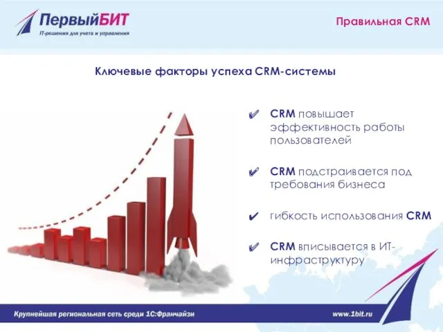 Ключевые факторы успеха CRM-системы CRM повышает эффективность работы пользователей CRM подстраивается под требования