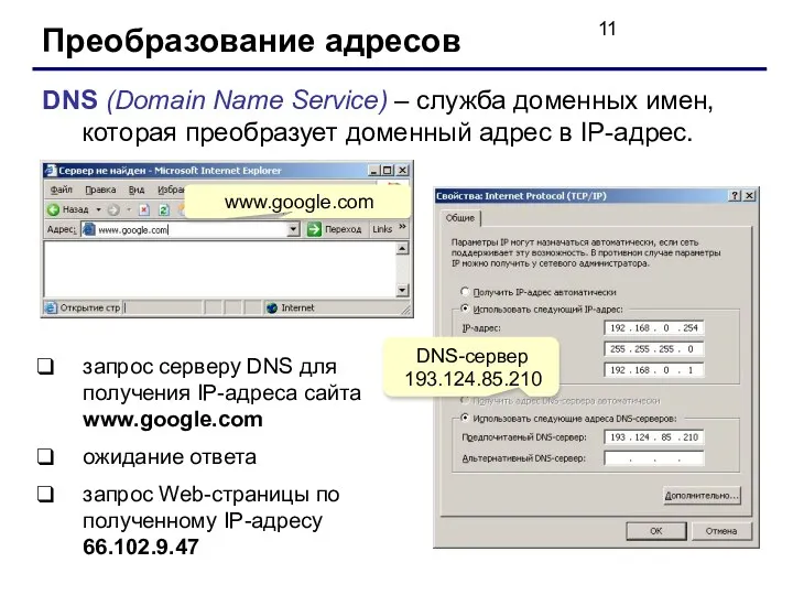 Преобразование адресов DNS (Domain Name Service) – служба доменных имен,