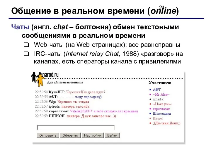 Общение в реальном времени (online) Чаты (англ. chat – болтовня)