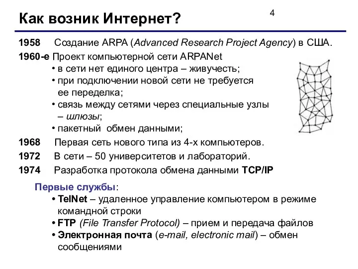 Как возник Интернет? 1958 Создание ARPA (Advanced Research Project Agency)