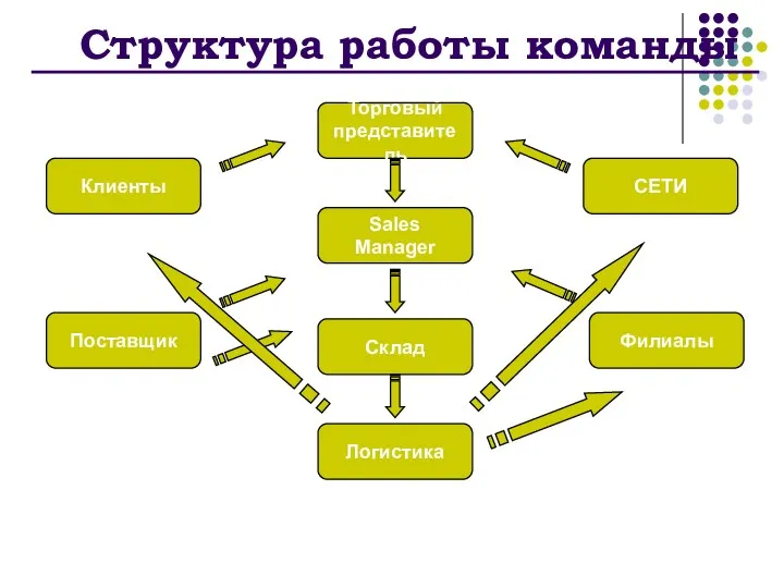 Структура работы команды Клиенты СЕТИ Поставщик Торговый представитель Sales Manager Склад Логистика Филиалы