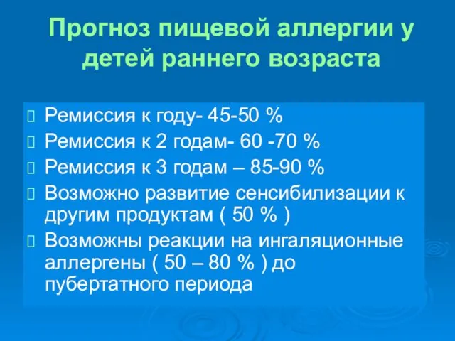 Прогноз пищевой аллергии у детей раннего возраста Ремиссия к году-