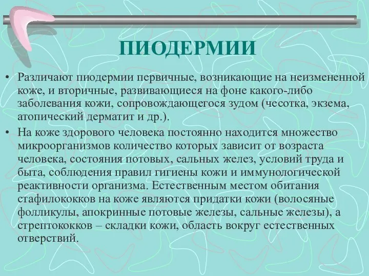 ПИОДЕРМИИ Различают пиодермии первичные, возникающие на неизмененной коже, и вторичные, развивающиеся на фоне