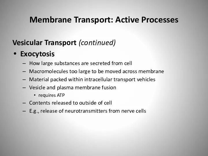 Membrane Transport: Active Processes Vesicular Transport (continued) Exocytosis How large