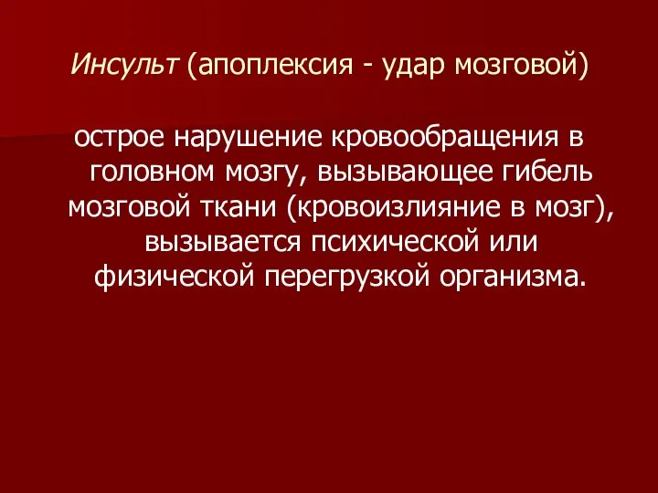 Инсульт (апоплексия - удар мозговой) острое нарушение кровообращения в головном