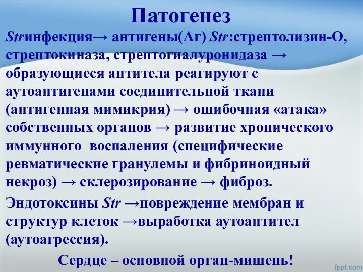 Патогенез Strинфекция→ антигены(Аг) Str:стрептолизин-О, стрептокиназа, стрептогиалуронидаза → образующиеся антитела реагируют