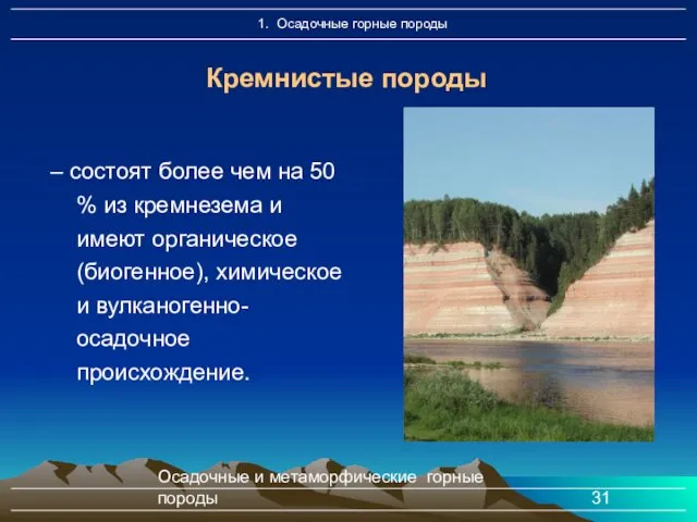 Осадочные и метаморфические горные породы Кремнистые породы – состоят более